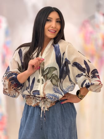 Bluze si camasi - Jacheta cu print frunze albastre