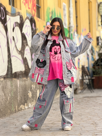 Jacheta din jeans cu broderie Mikey si dunga roz [1]