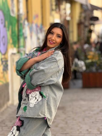 Jacheta din jeans cu broderie Mikey si dunga verde [7]