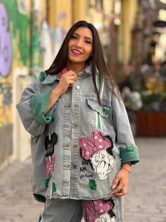 Jacheta din jeans cu broderie Mikey si dunga verde [6]
