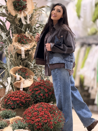 Jacheta in carouri cu insertii din denim si guler din piele ecologica [6]