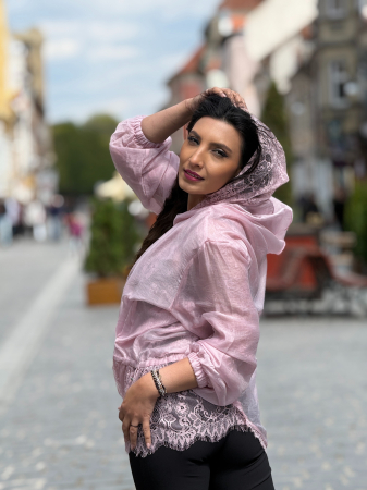 Jacheta roz cu gluga si dantela [5]
