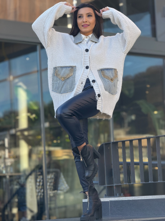 Jacheta tricotata cu buzunare si guler din denim [1]