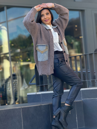 Jacheta tricotata cu buzunare si guler din denim [1]