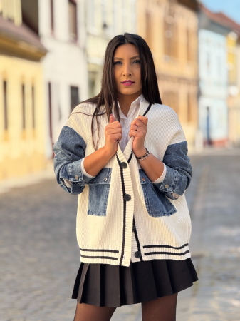 Jacheta tricotata cu buzunare si maneci din jeans [5]