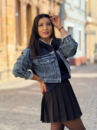 Jacheta tricotata cu detalii denim si fermoar [5]