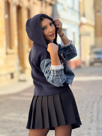 Jacheta tricotata cu detalii denim si fermoar [6]