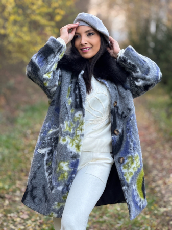 Palton cu imprimeu abstract si guler din blana [7]