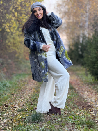 Palton cu imprimeu abstract si guler din blana [1]