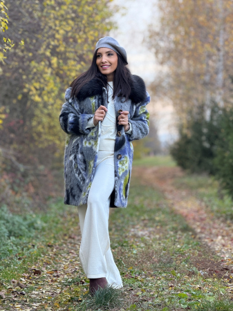 Palton cu imprimeu abstract si guler din blana [2]