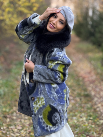 Palton cu imprimeu abstract si guler din blana [8]