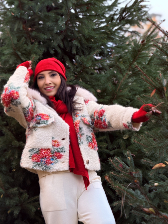 Palton cu imprimeu floral si guler pufos [7]