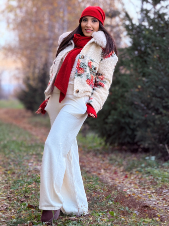 Palton cu imprimeu floral si guler pufos [2]