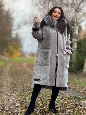 Palton gri cu guler din blana naturala [5]