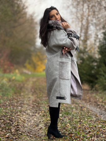 Palton gri cu guler din blana naturala [6]