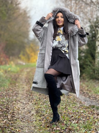 Palton gri cu guler din blana naturala [8]