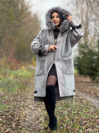 Palton gri cu guler din blana naturala [4]