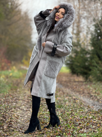 Palton gri cu guler din blana naturala [3]
