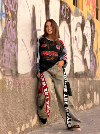 Pantaloni cargo cu efect denim si benzi contrastante [3]