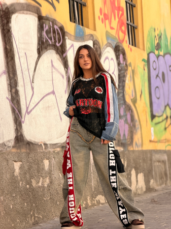 Pantaloni - Pantaloni cargo cu efect denim si benzi contrastante