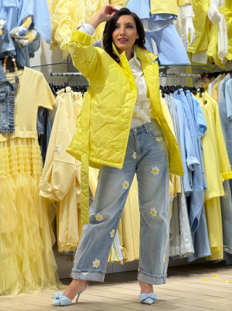 Pantaloni - Pantaloni damă din denim cu croială dreaptă, talie clasică și broderie florală