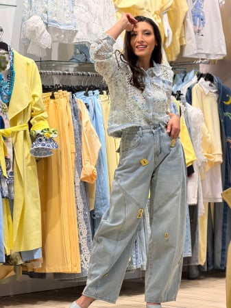 Pantaloni - Pantaloni diin denim cu talie inalta si aplicatii metalice