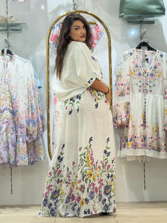Pantaloni din in cu buzunare si imprimeu floricele [3]