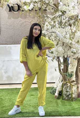 Pantaloni - Pantaloni din in cu snur in talie si buzunare