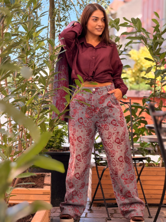 Pantaloni - Pantaloni din jeans cu imprimeu floral roz