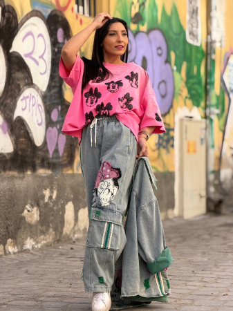 Pantaloni din jeans cu Mikey si dunga verde [6]