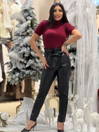 Pantaloni - Pantaloni din piele ecologica cu funda in talie