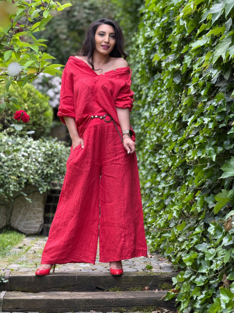 Pantaloni - Pantaloni largi din in cu cordon decorativ