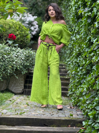 COLECTIA DE IN YOU&ME - Pantaloni largi din in cu cordon decorativ