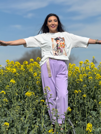 Noutati - Pantaloni mov cu curea in talie