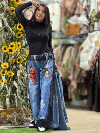 Pantaloni - Pantaloni negri cu imprimeu denim si ursulet