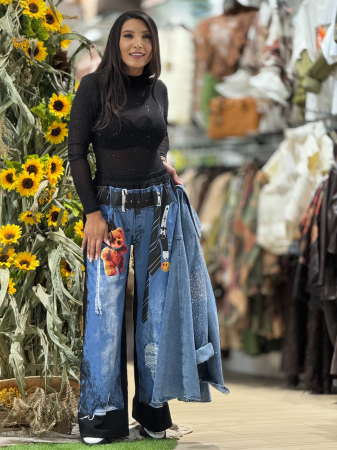 Pantaloni negri cu imprimeu denim si ursulet [3]