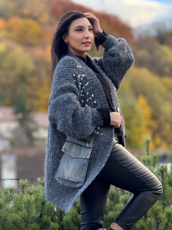 Pulover cu pietre si buzunare din blug [5]