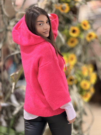 Pulover tricotat fucsia cu gluga [1]