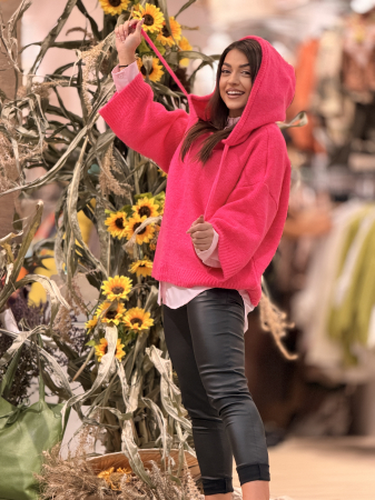 Pulover tricotat fucsia cu gluga [6]