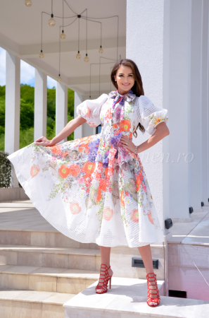 Rochii de eveniment - Rochie alba cu imprimeu floral si funda la gat