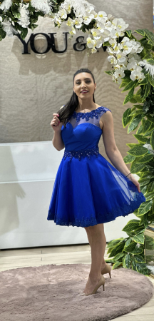BLACK FRIDAY  DE VARA - Rochie albastra din dantela si pietricele aplicate
