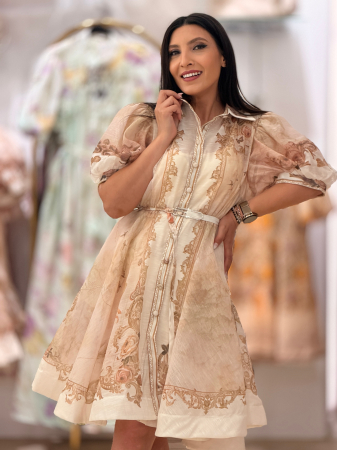 Rochie bej cu imprimeu floral si maneci bufante [5]
