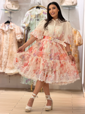 Imbracaminte de dama - Rochie bej cu imprimeu floral si maneci bufante
