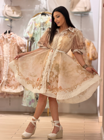 Rochie bej cu imprimeu floral si maneci bufante [2]