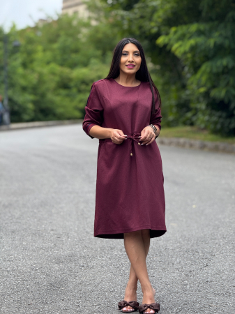 Imbracaminte de dama - Rochie bordo casual cu detalii sport si snur in talie
