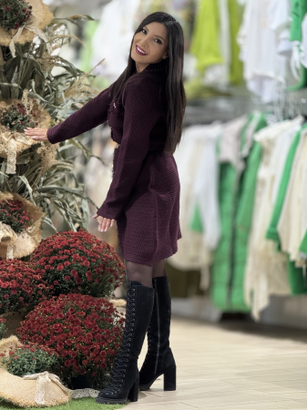 Rochie bordo cu guleras si curea cu perlute [4]