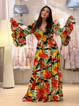 Imbracaminte de dama - Rochie cu flori rosii din matase si vascoza