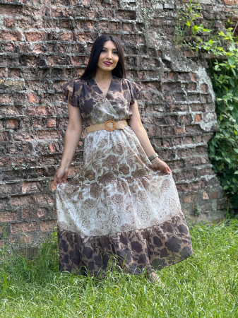 Rochii de zi - Rochie cu imprimeu floral bej-maro si maneci vaporoase