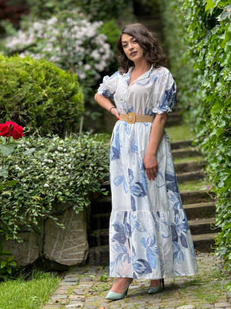 BLACK FRIDAY  DE VARA - Rochie cu imprimeu flori albastre si cordon in talie