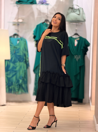 Promotii - Rochie din bumbac cu flori verzi aplicate pe fond negru